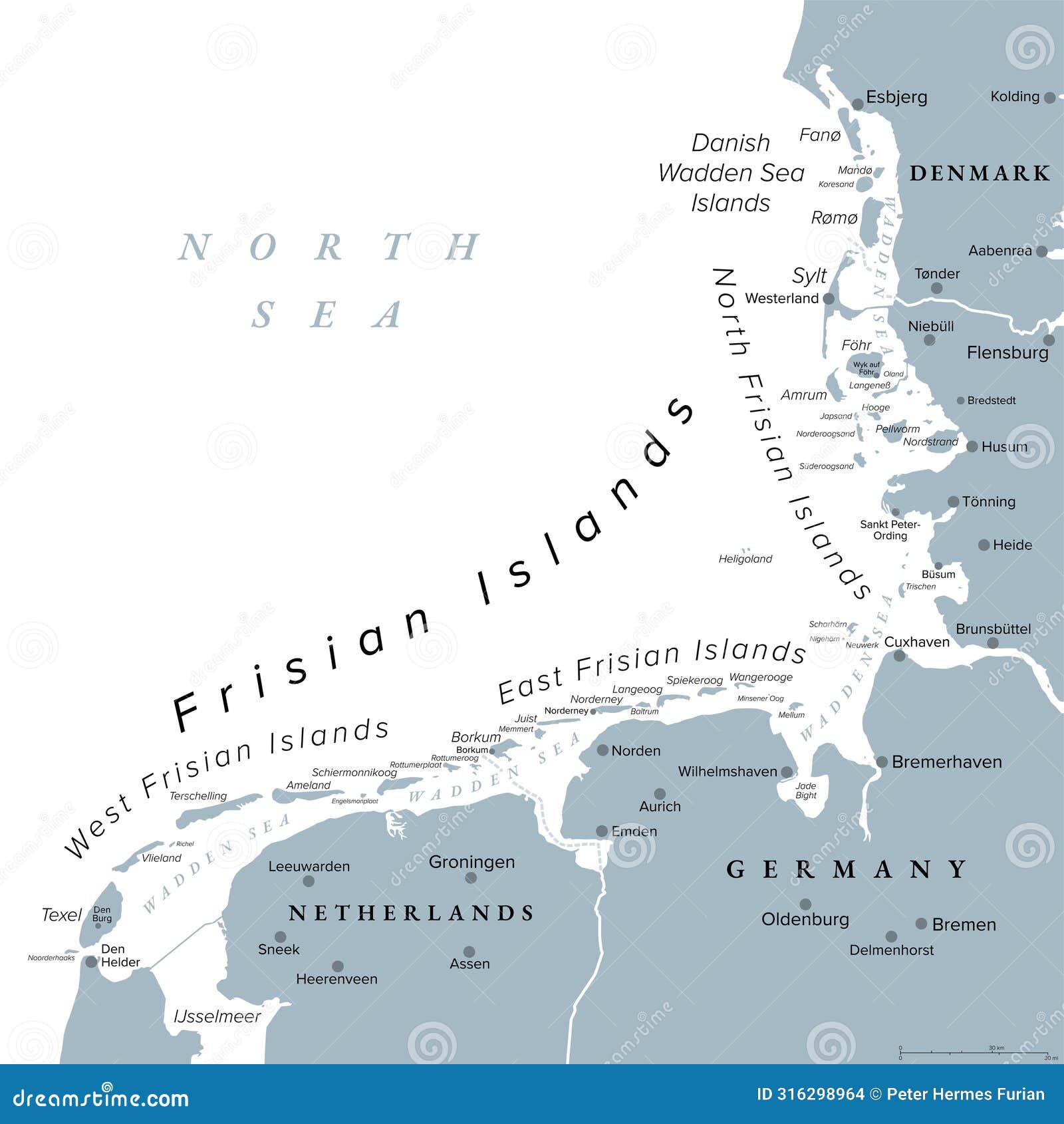 frisian islands, wadden sea islands at the north sea, gray political map