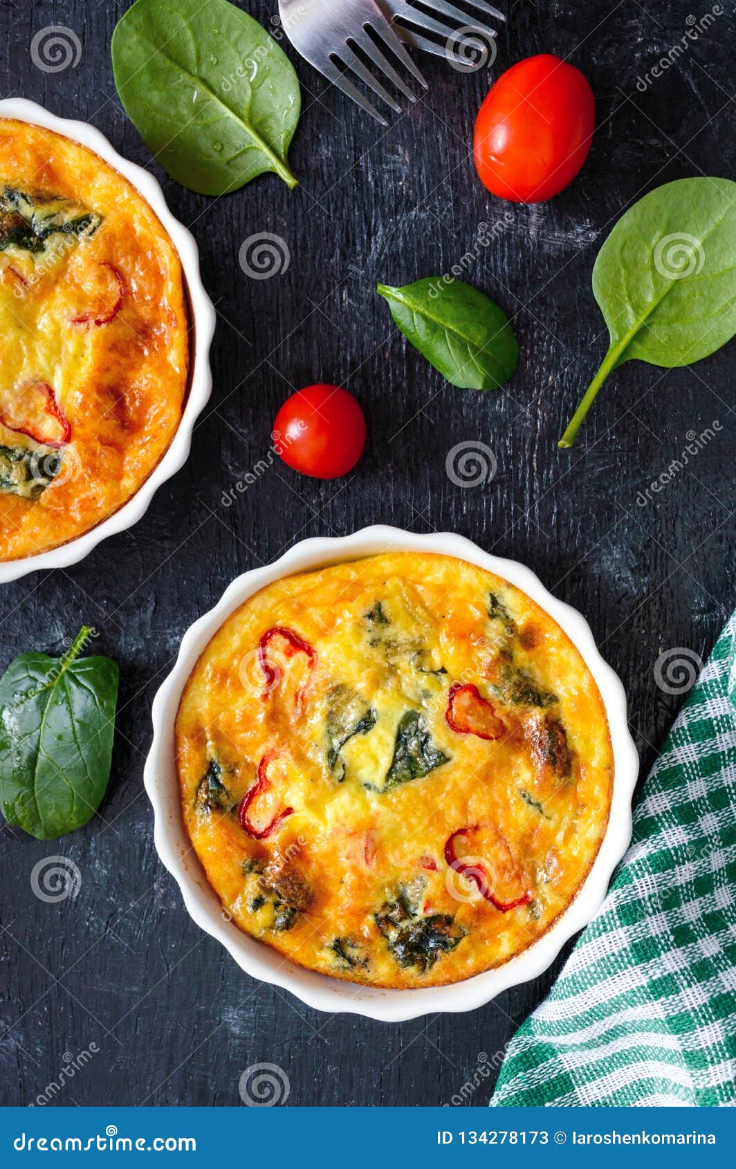 Frittata With Fresh Vegetables And Spinach. Italian Omelet In Ceramic