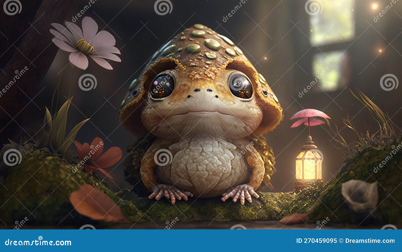 A Frog Sitting on a Mossy Surface with a Lantern in the Background