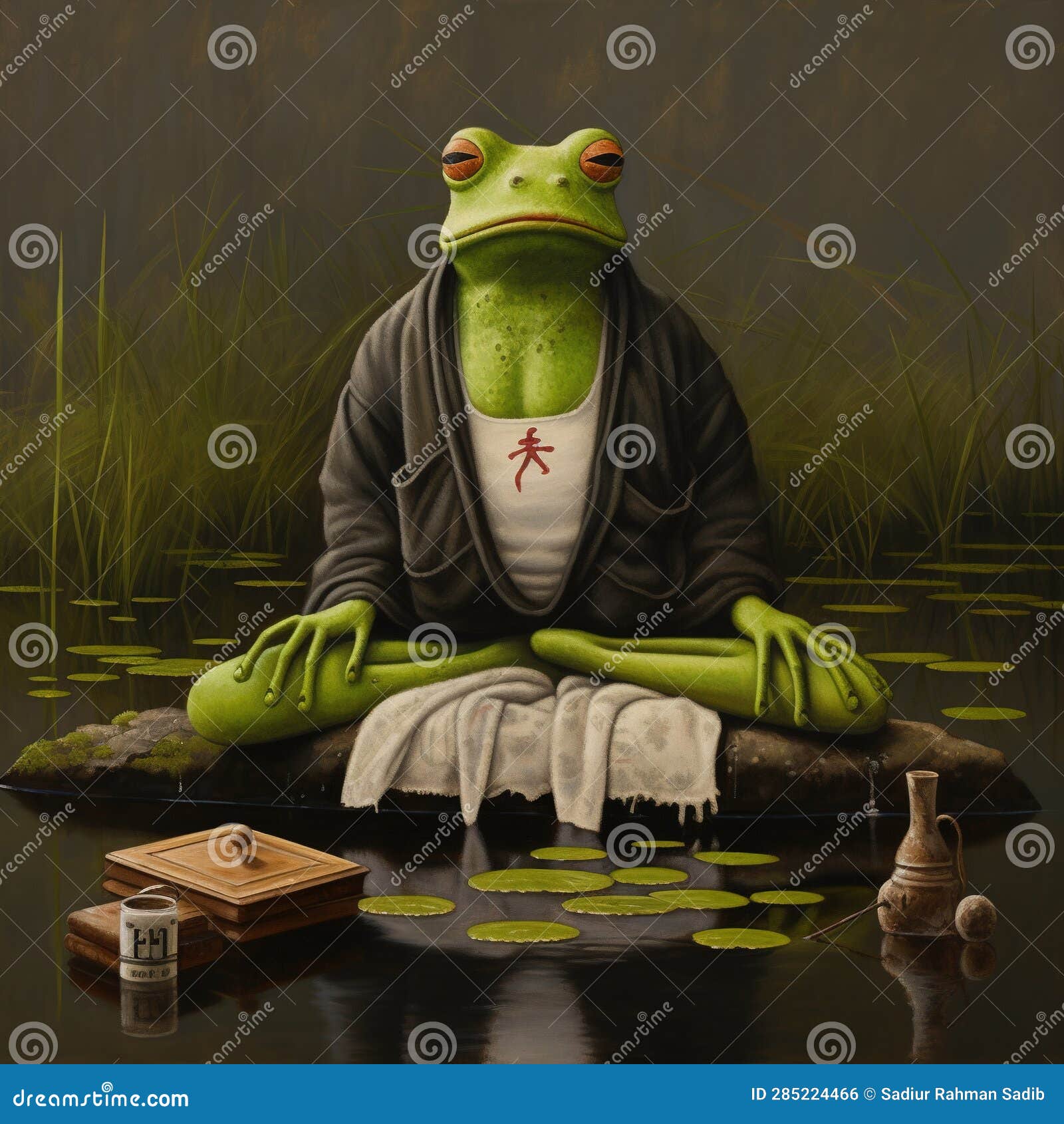 Frog Sitting on a Pond. Grenouille Zen Stock Illustration