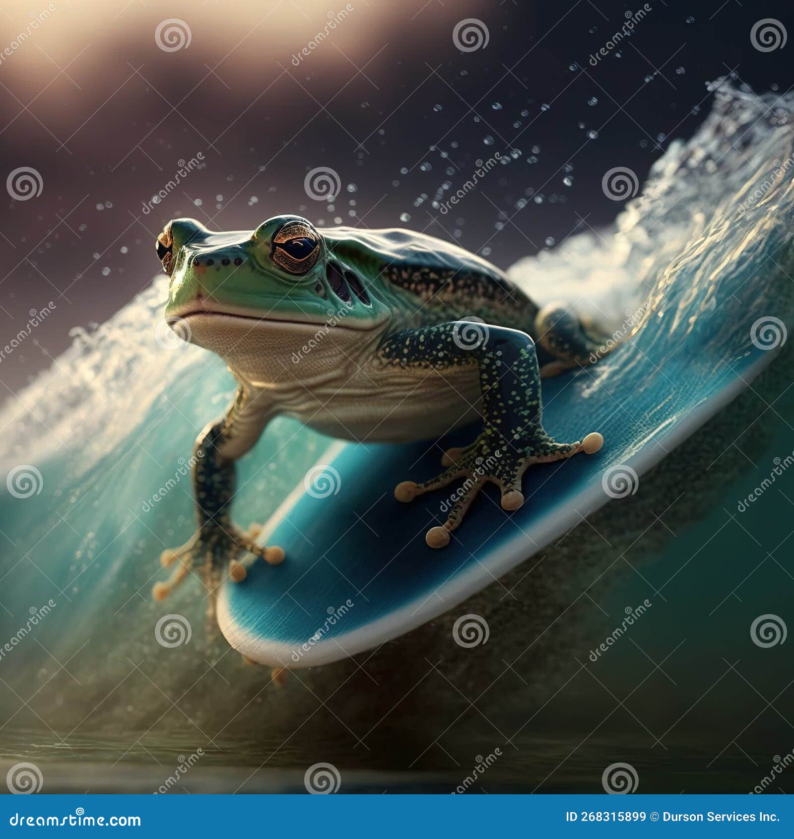Frog Surfing a Wave on a Surfboard, Closeup. Stock Illustration