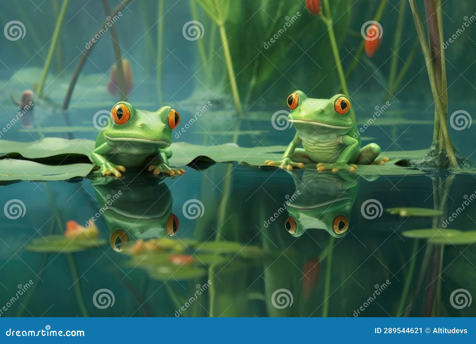 Frogs Reflected in a Ponds Surface Stock Image - Image of reproduction
