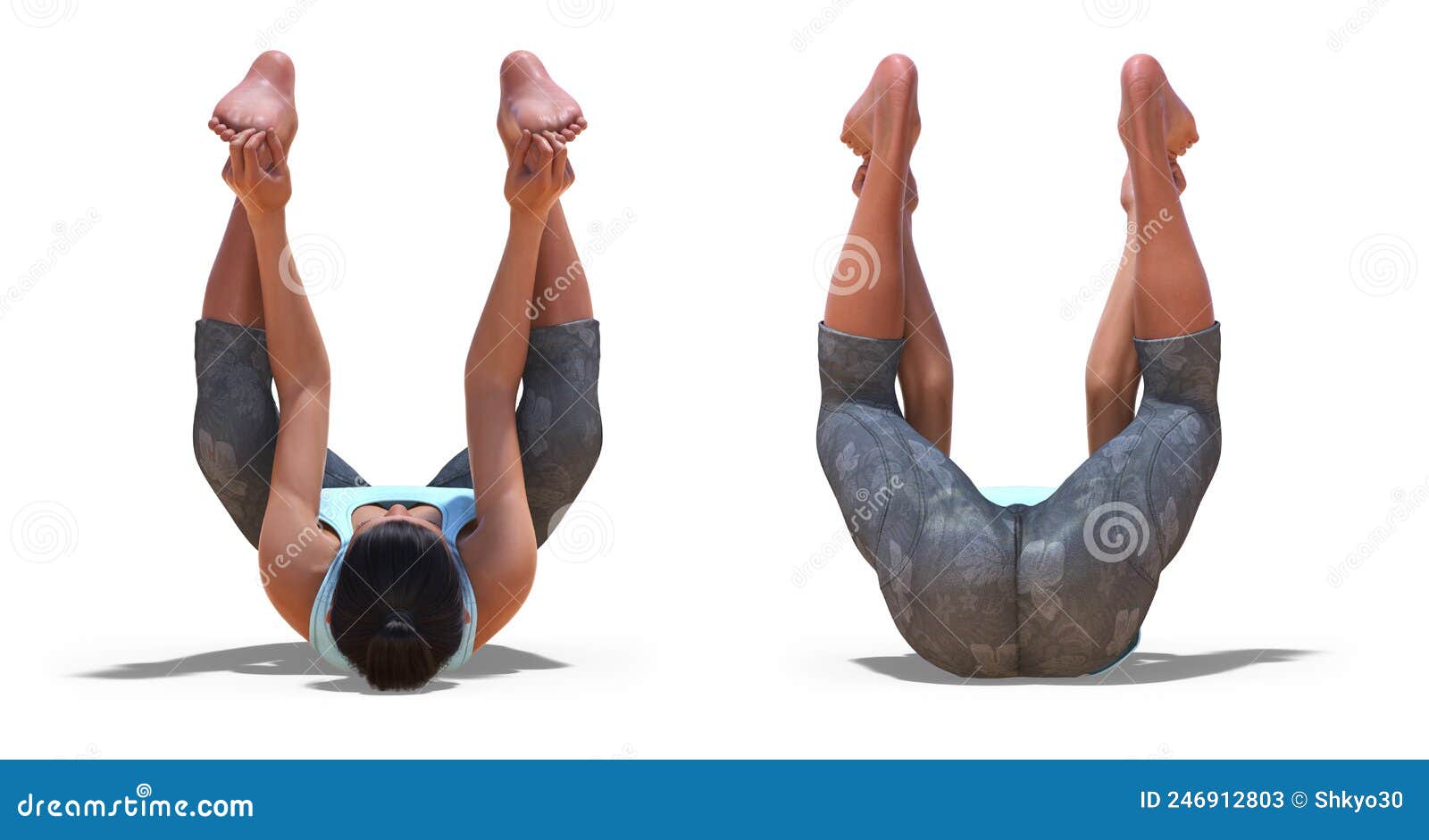 Front and Back Poses of a Woman in Yoga Happy Baby Pose on White Stock ...