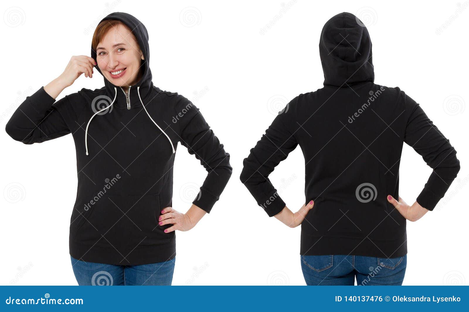 Download Front Back And Rear Black Sweatshirt View. Woman In ...