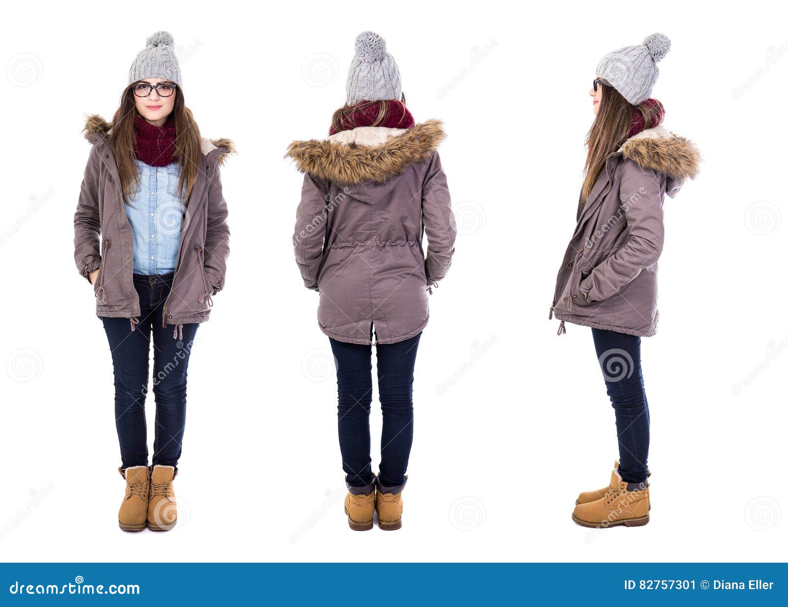 Front, Back and Side View of Young Woman in Winter Clothes Isolated on  White Stock Image - Image of fashion, posing: 82757301