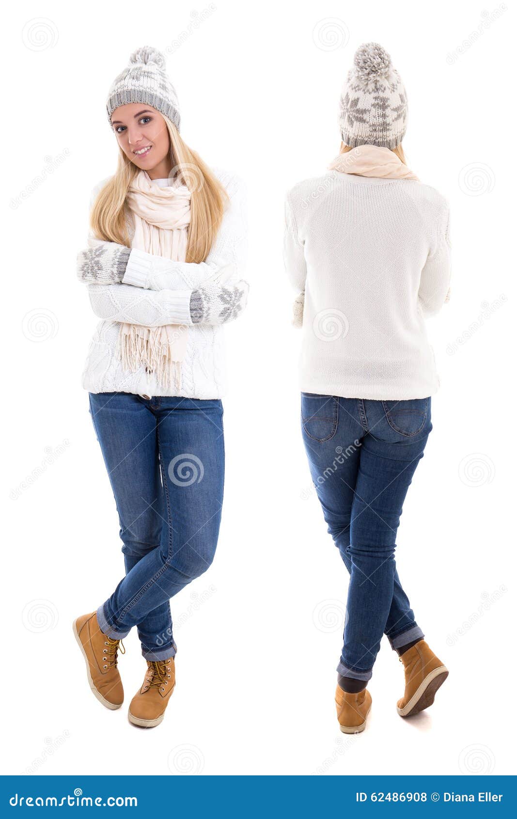 Front And Back View Of Beautiful Woman In Winter Clothes Isolate Stock ...