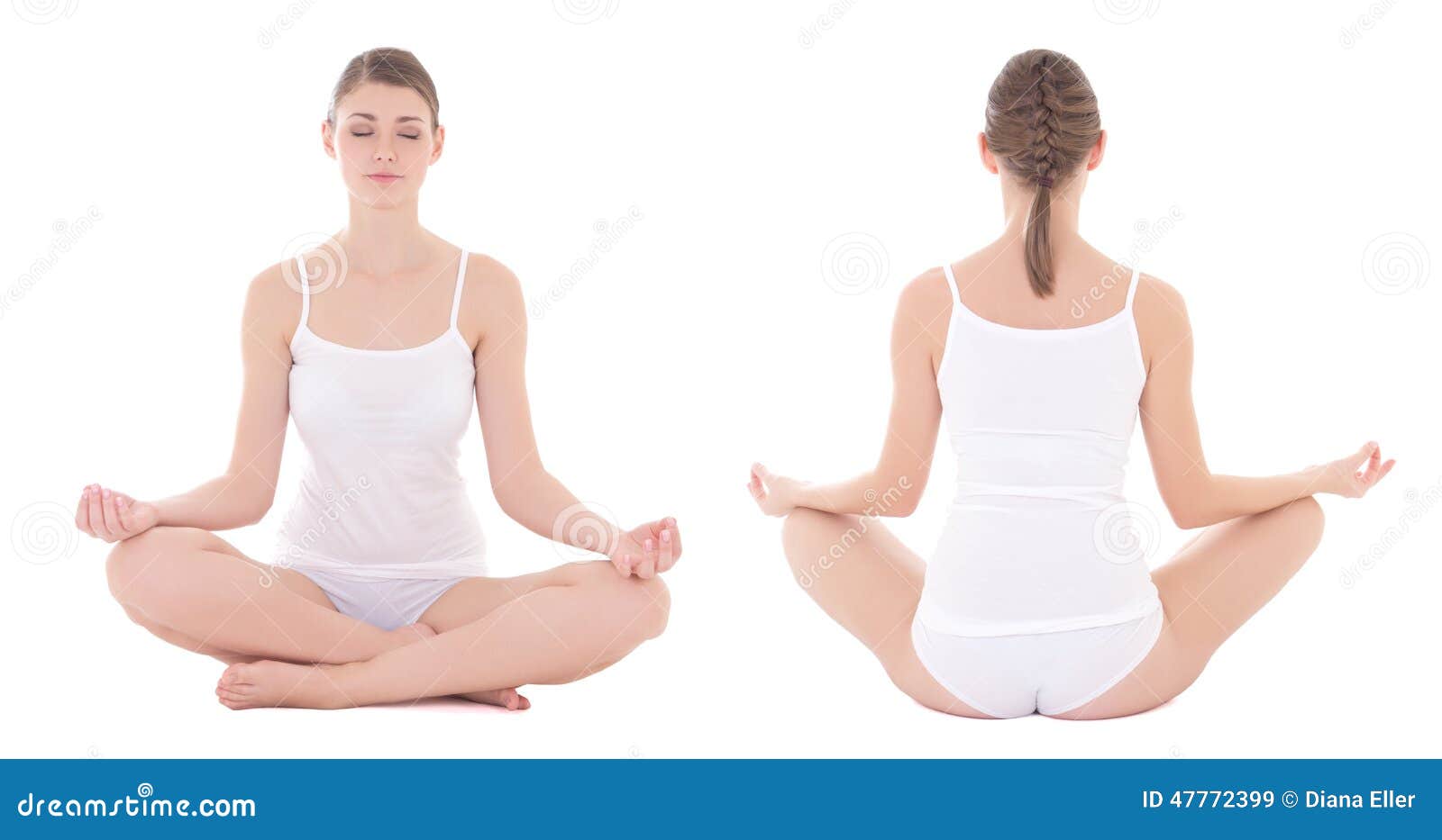 Front and Back View of Slim Woman in Cotton Underwear Doing Yoga