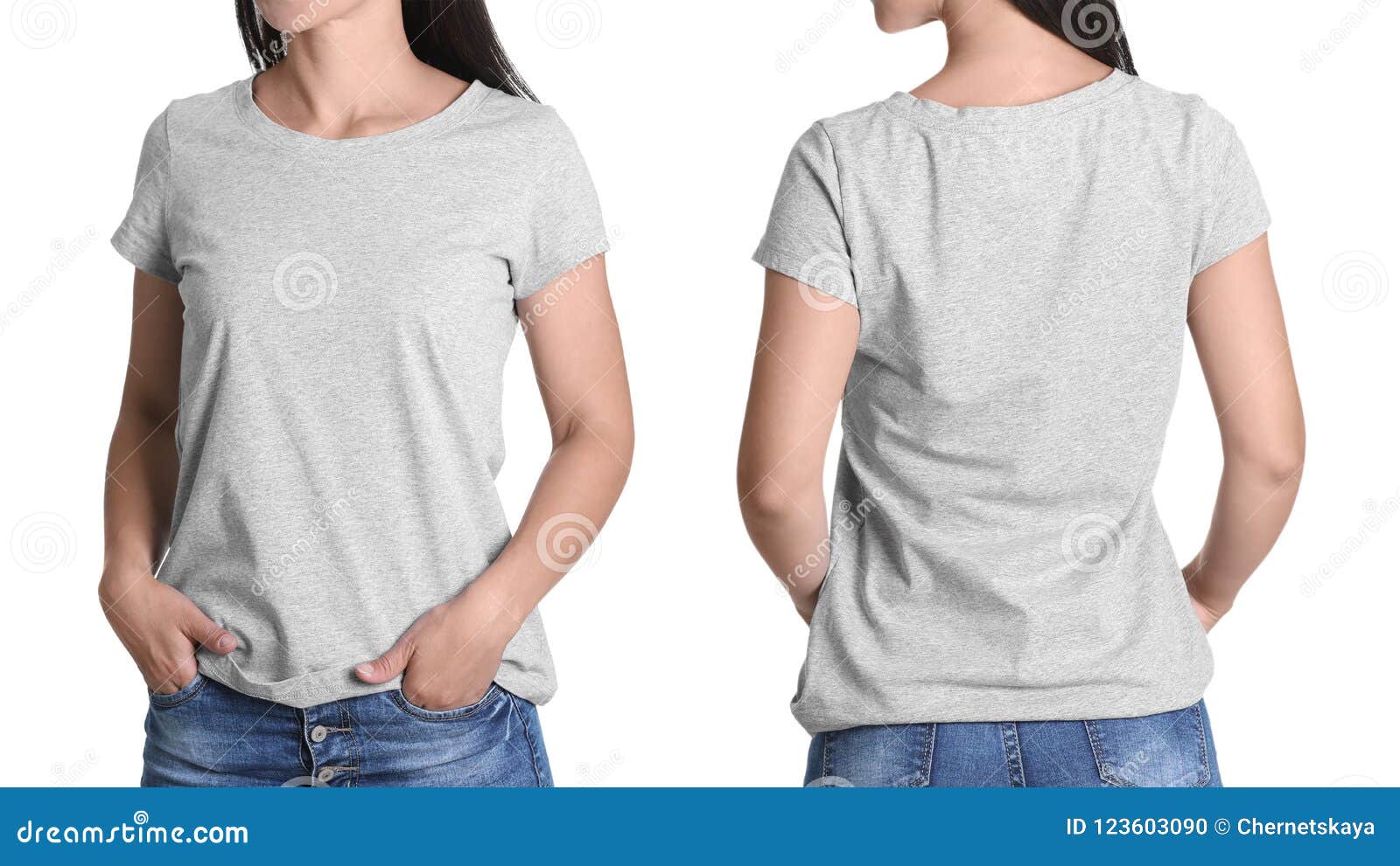 Download Front And Back Views Of Young Woman In Grey T-shirt Stock ...