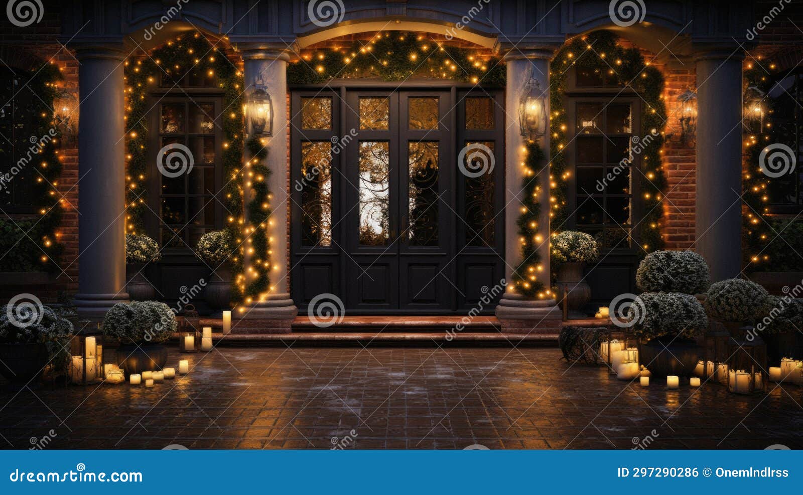 Of a Front Door Decorated with Christmas Lights . Stock Photo Image