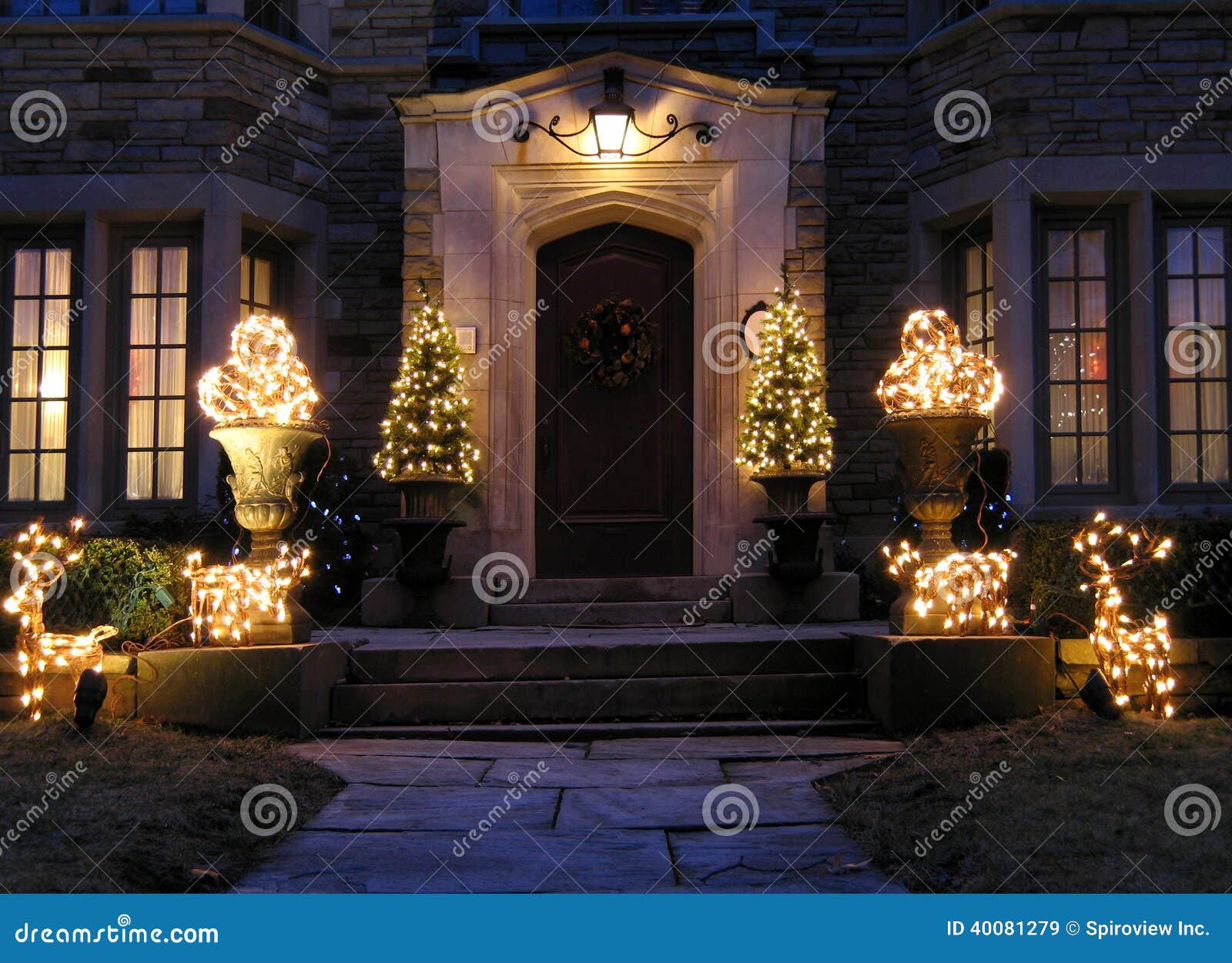 Front Door with Holiday Lights Stock Image Image of stone