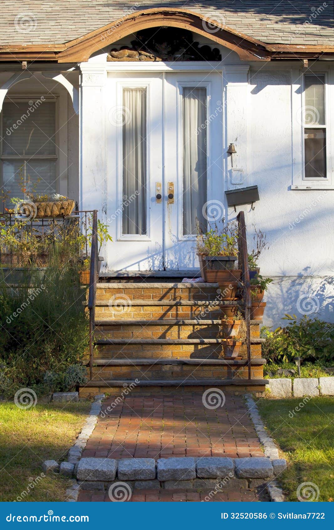 Front door of old house. stock photo. Image of back, flower 32520586