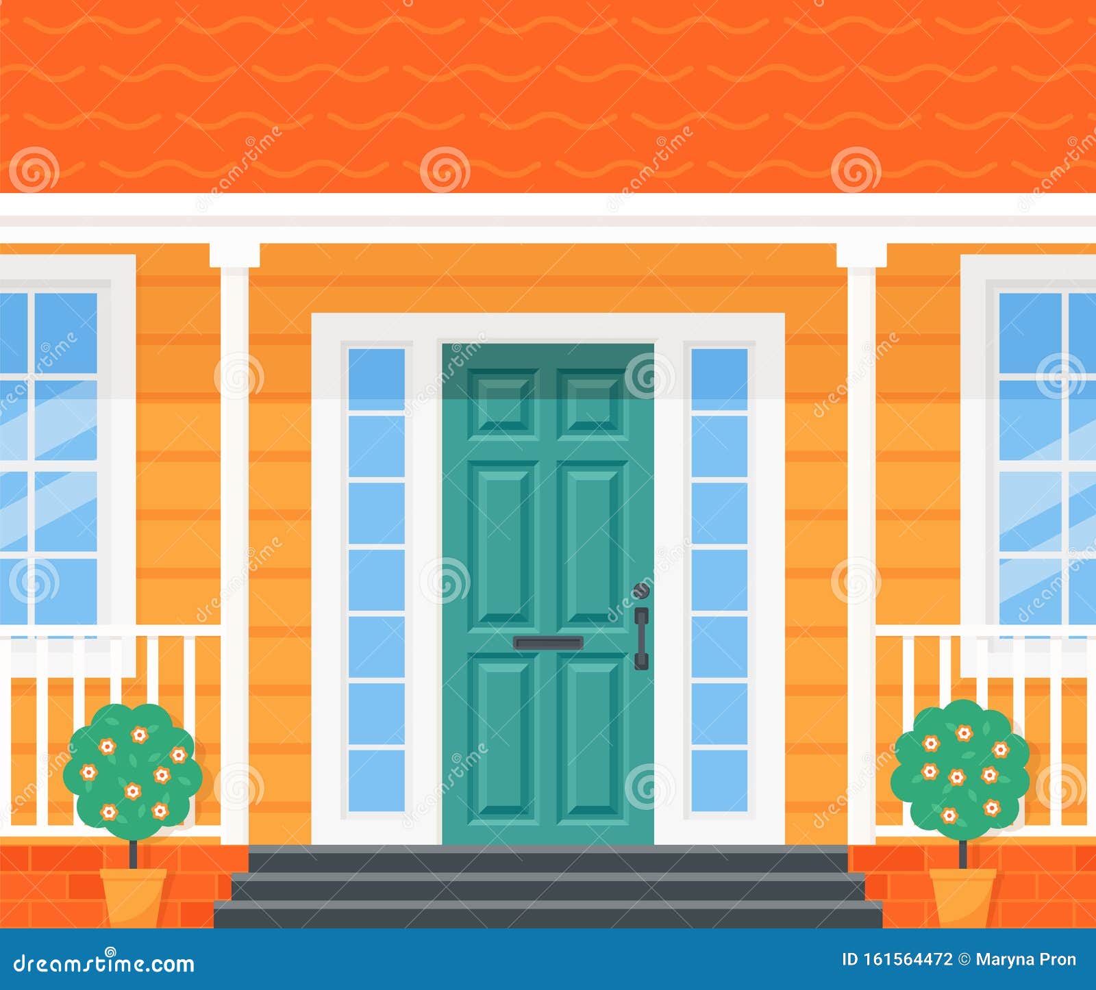 House door front with doorstep and steps, window, - vector clipart