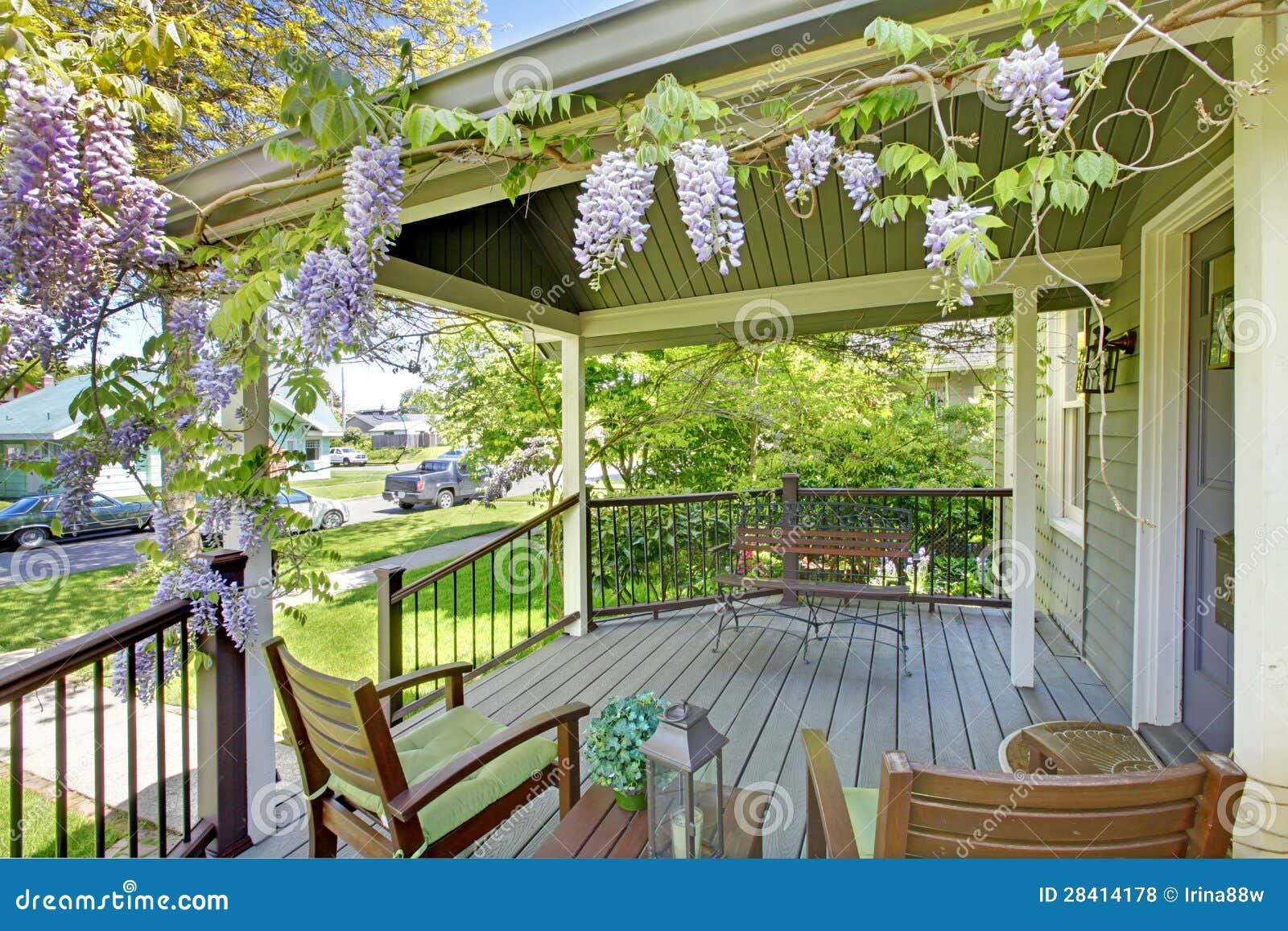 Front House Porch with Chairs and Flowers. Stock Photo Image of porch