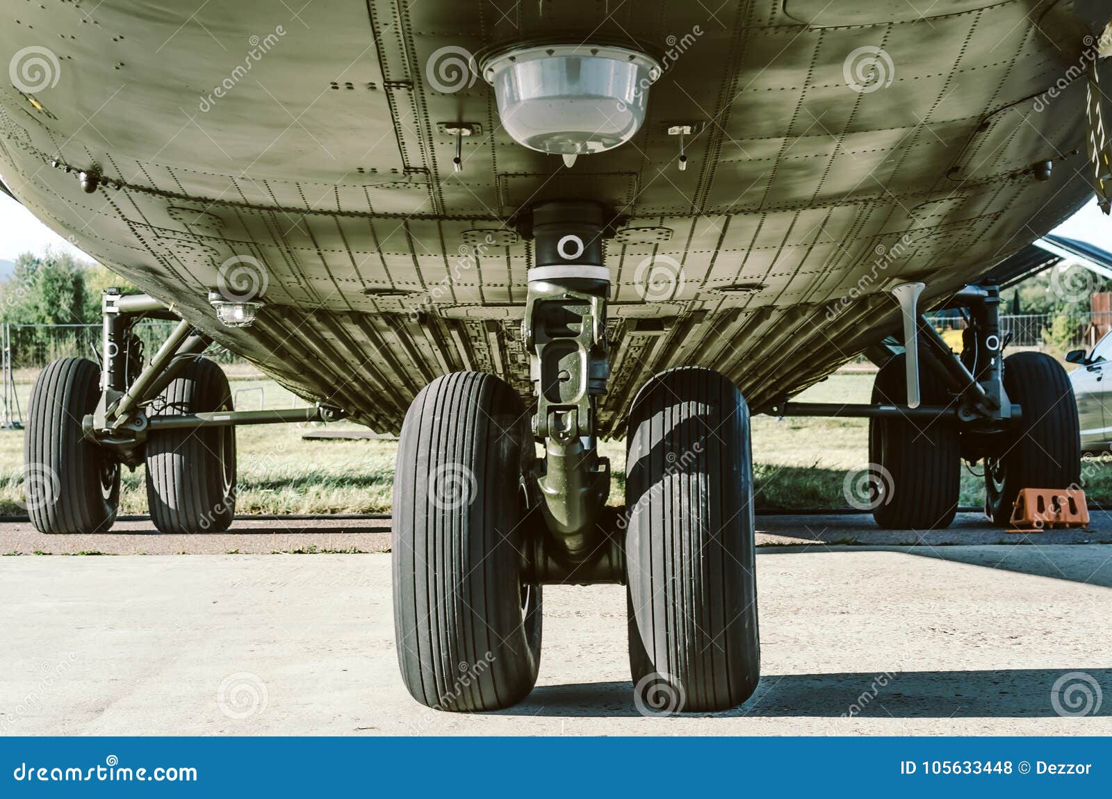Front Landing Gear Heavy Helicopter Aircraft on the Ground. Stock Photo