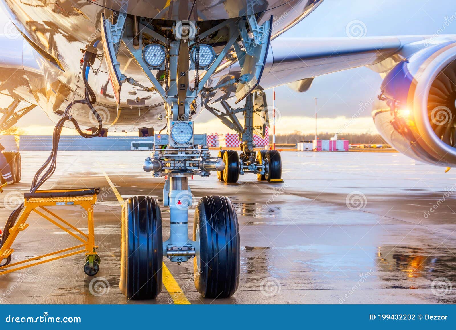 Front Landing Gear Landing Lights and Connected Ground Power Under the Fuselage of the Aircraft