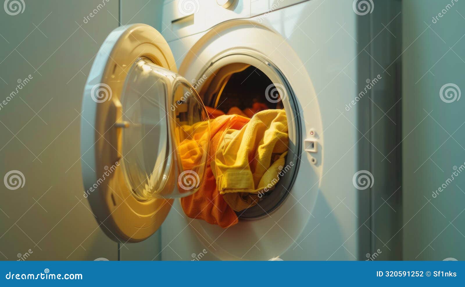 a front-loading washing machine with an open door and clothes inside.