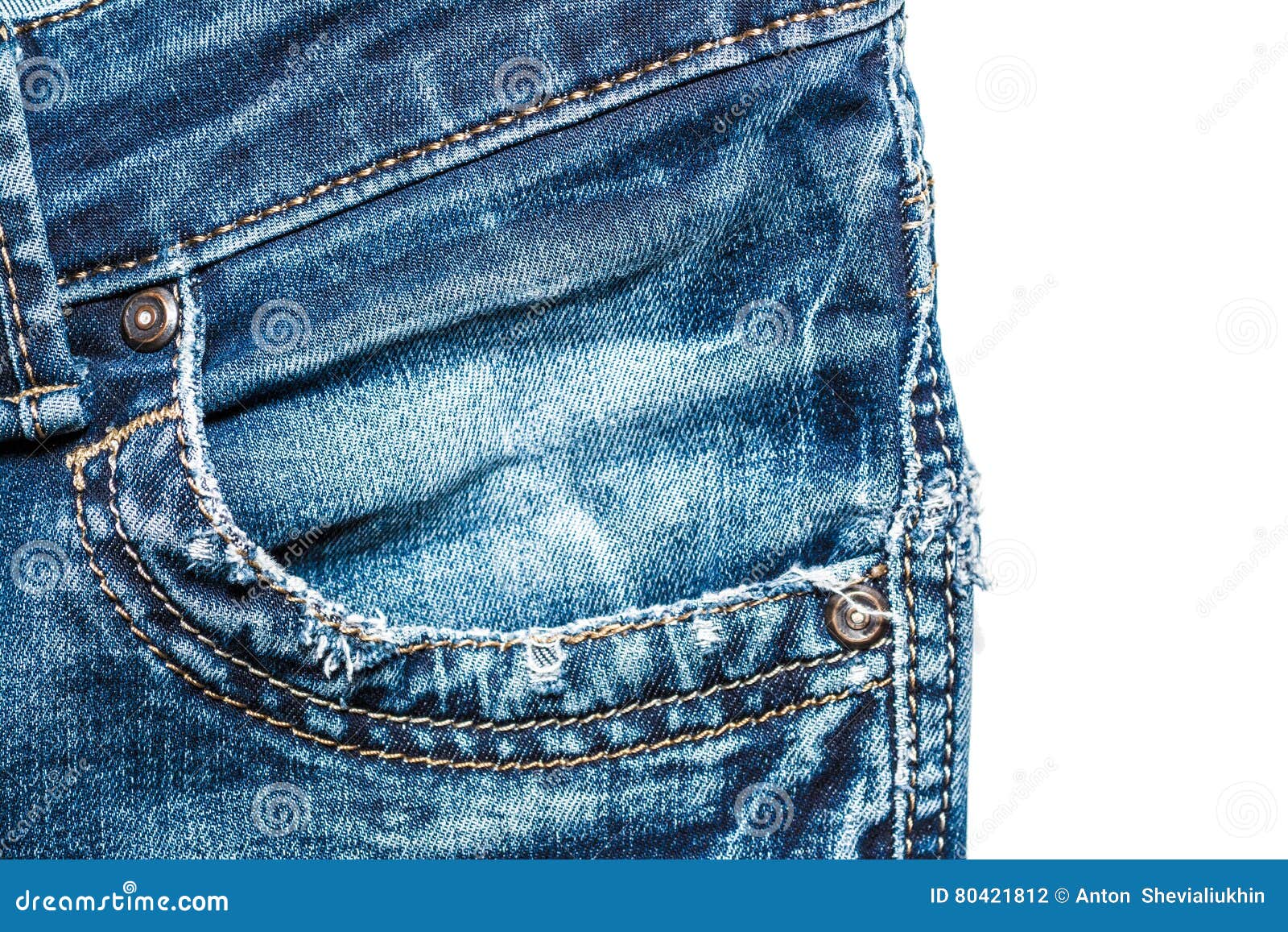 Front Pocket Stitching Blue Jeans Closeup Isolated Stock Photo Image
