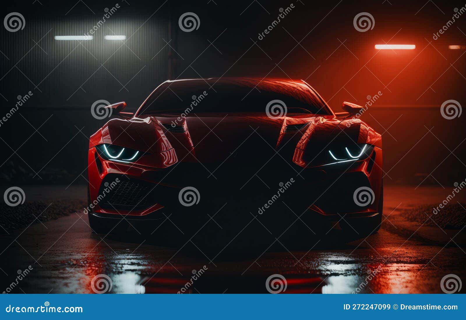 The Front of Red Sports Car in the Dark. Generative AI Stock