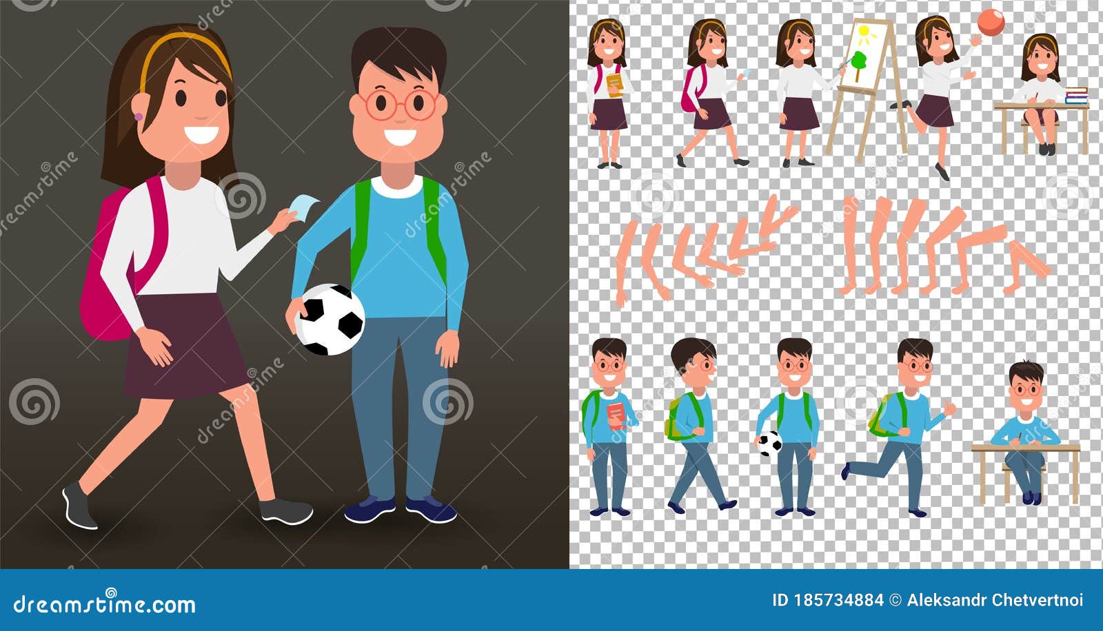 Front, Side View Animated Characters. Male and Female Students Creation Set  with Various Views, Hairstyles, Face Emotions, Poses Stock Illustration -  Illustration of clothing, cartoon: 185734884