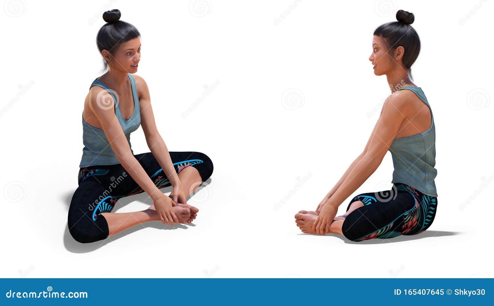 Front Threequarters and Left Profile Poses of a Woman in Yoga Bound