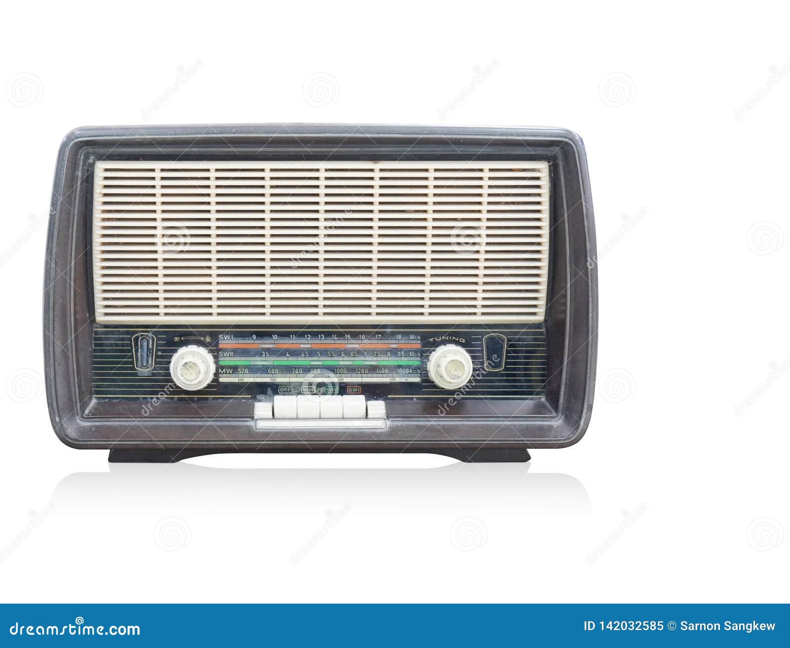 front view antique black radio on white background, copy space