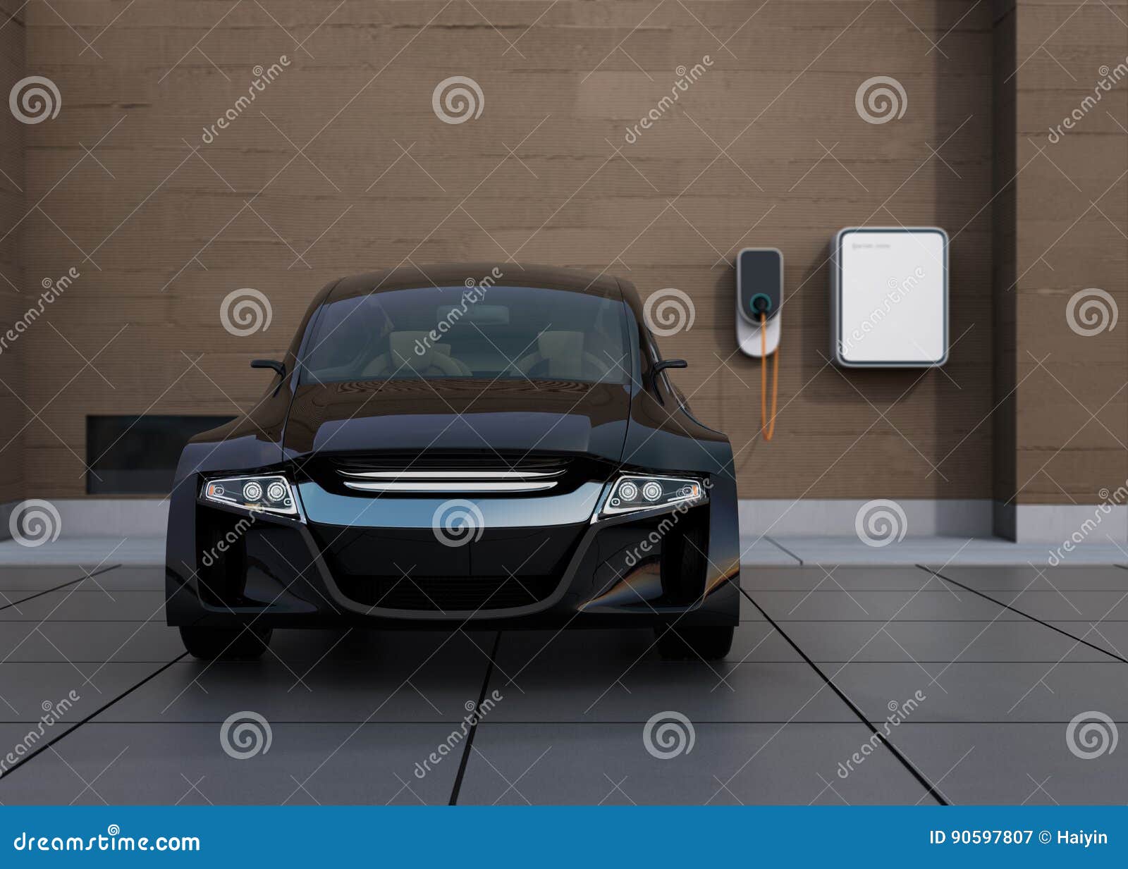 Front View of Black Electric Car Charging at Home Charging Station