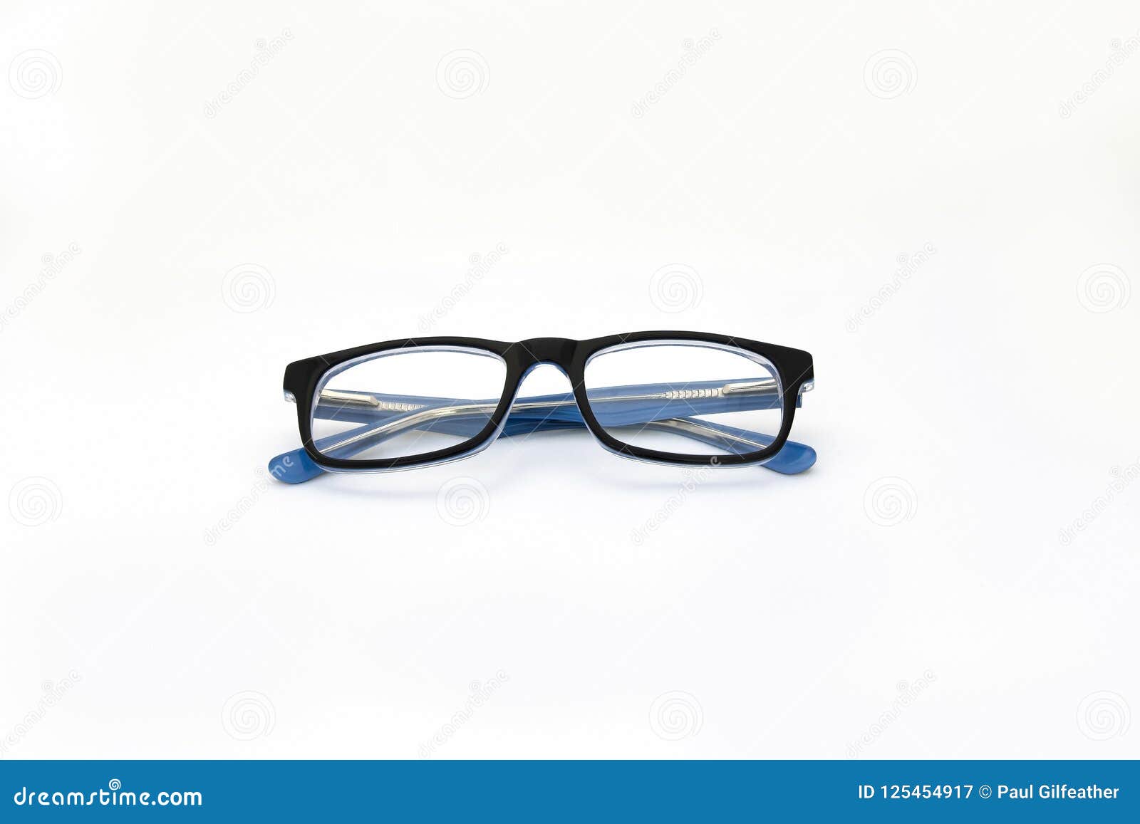 Front View of Black Glasses/spectacles with Blue Folded Arms on White ...