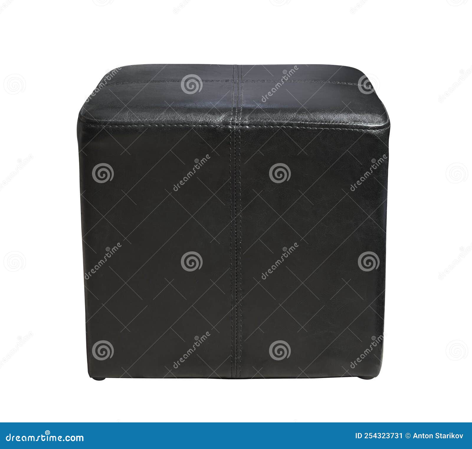 Front View of Black Leather Cube Pouf Stool Stock Image Image of
