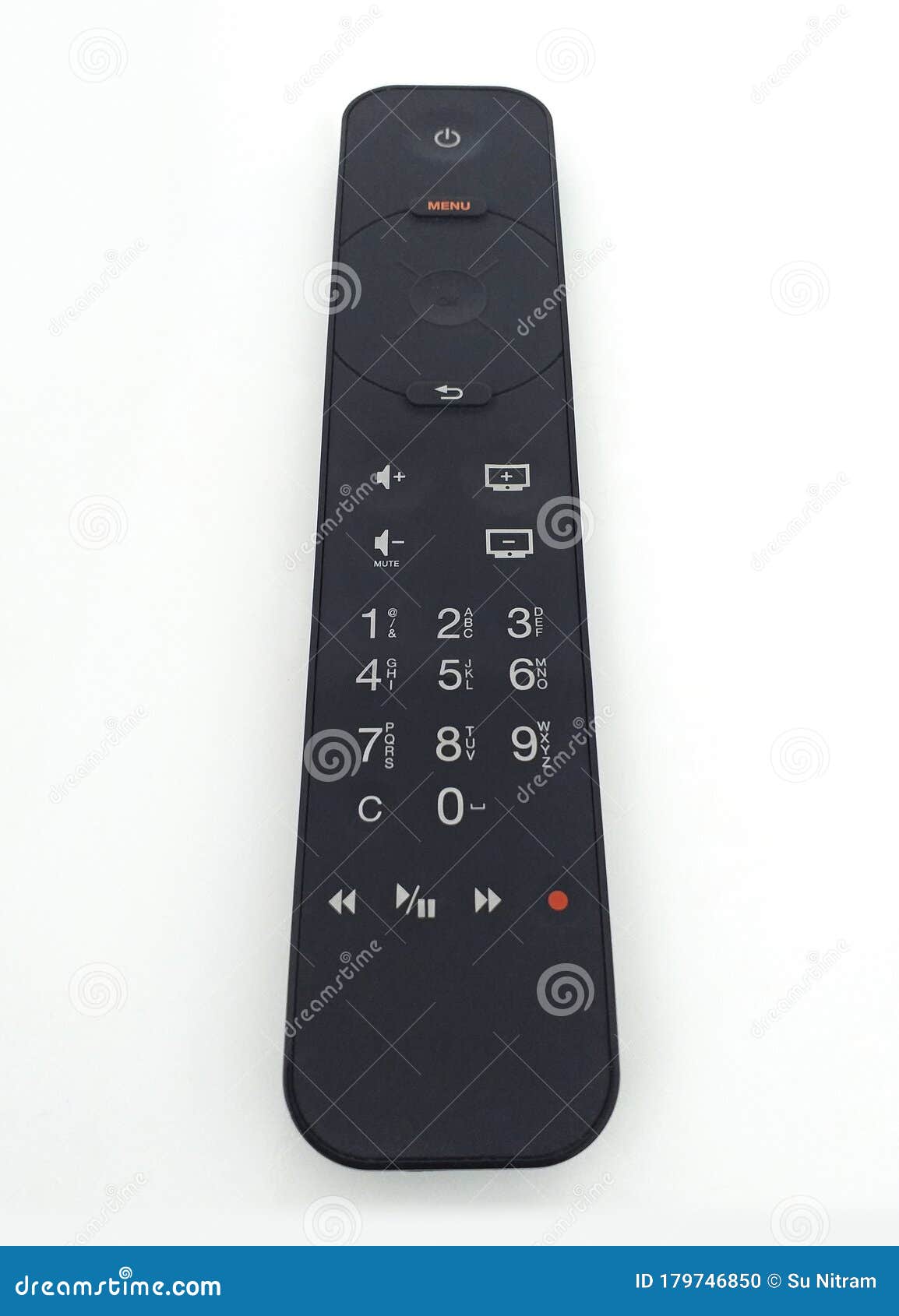 Front View of Black Television Remote Control Isolated on White Background. Black Audio Remote