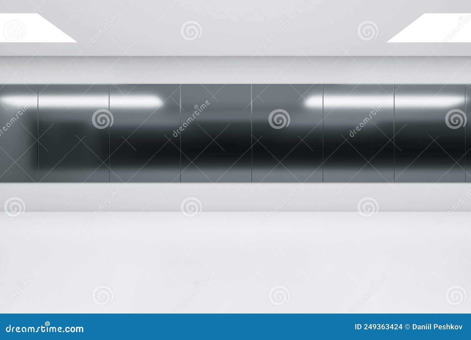 Front View on Black Wall with LED Lights Reflection in Empty Corridor