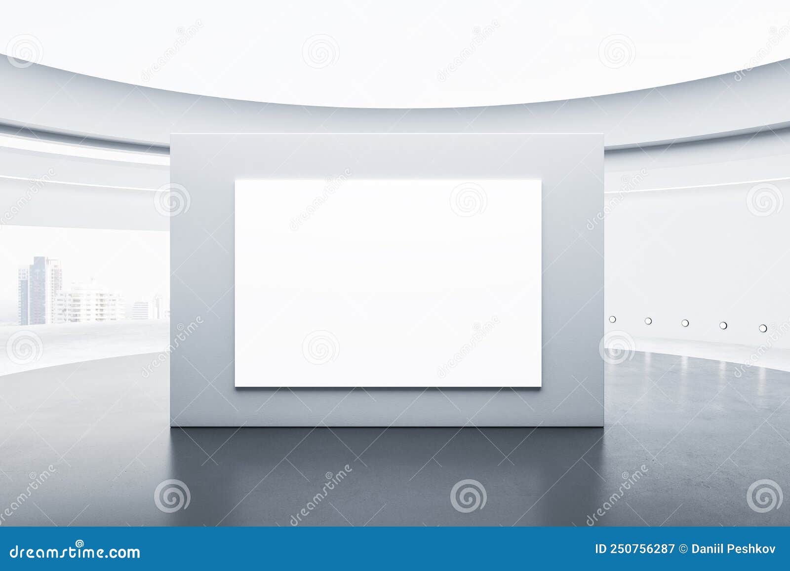front view on blank white poster with space for your logo or text on light grey partition on concrete floor in empty sunlit round