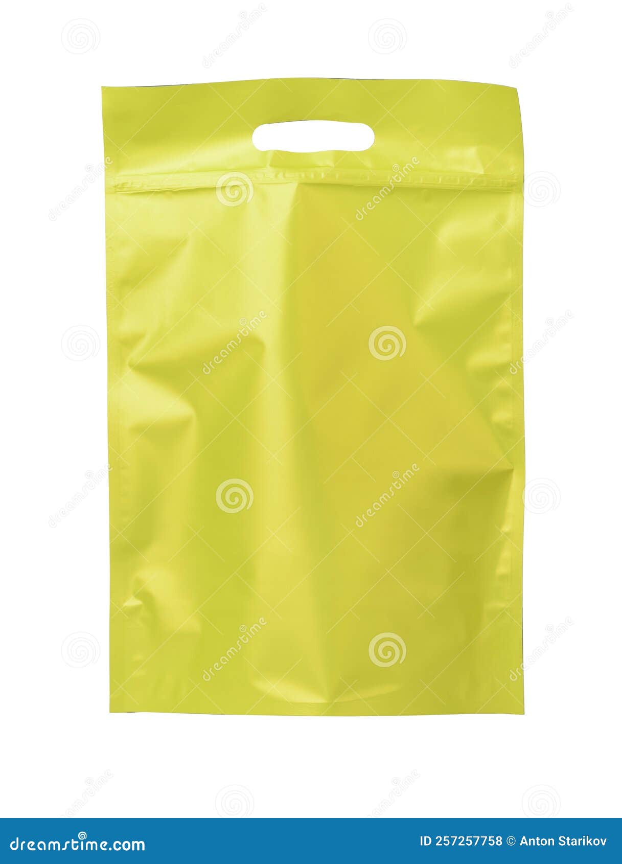 Front View of Blank Yellow Die Cut Plastic Carry Bag Stock Photo