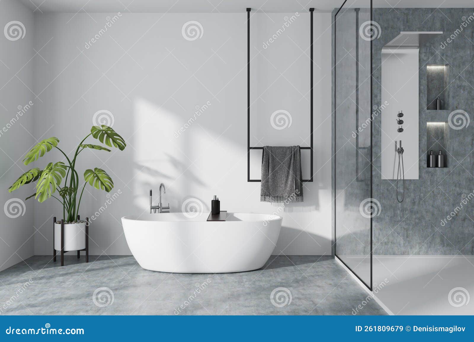 Front View on Bright Bathroom Interior with Bathtub, Shower Stock ...