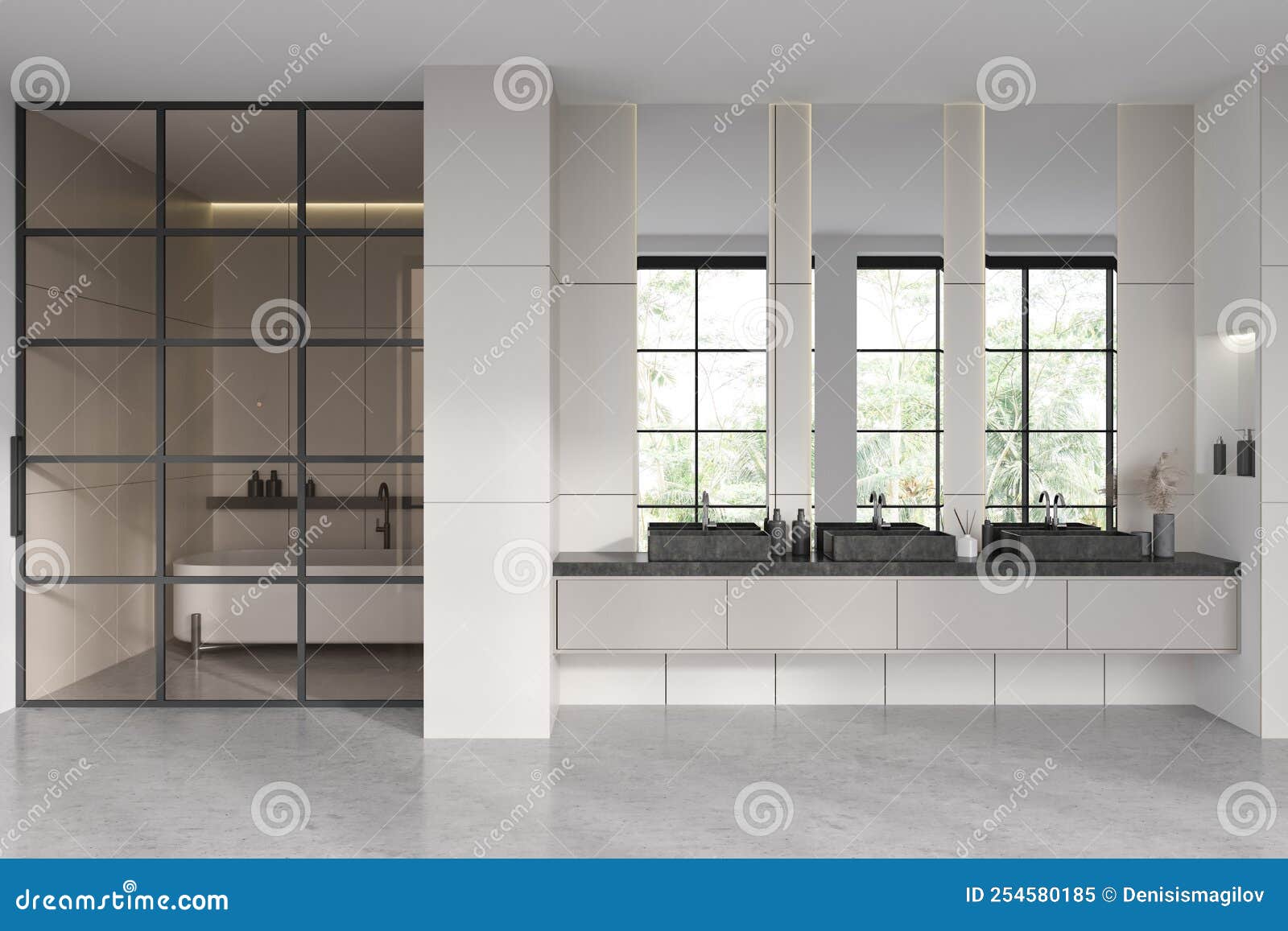 Front View on Bright Bathroom Interior with Three Mirrors, Bathtub