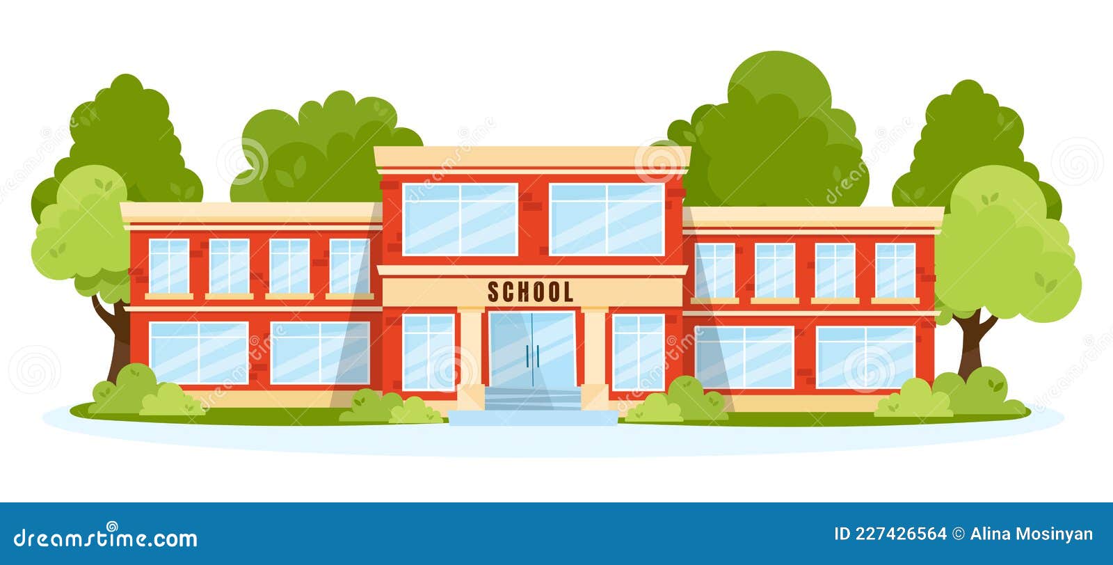 Front View of a Classic School Building with Big Windows and Doors. Flat,  Cartoon Style Vector Illustration Stock Vector - Illustration of text,  play: 227426564