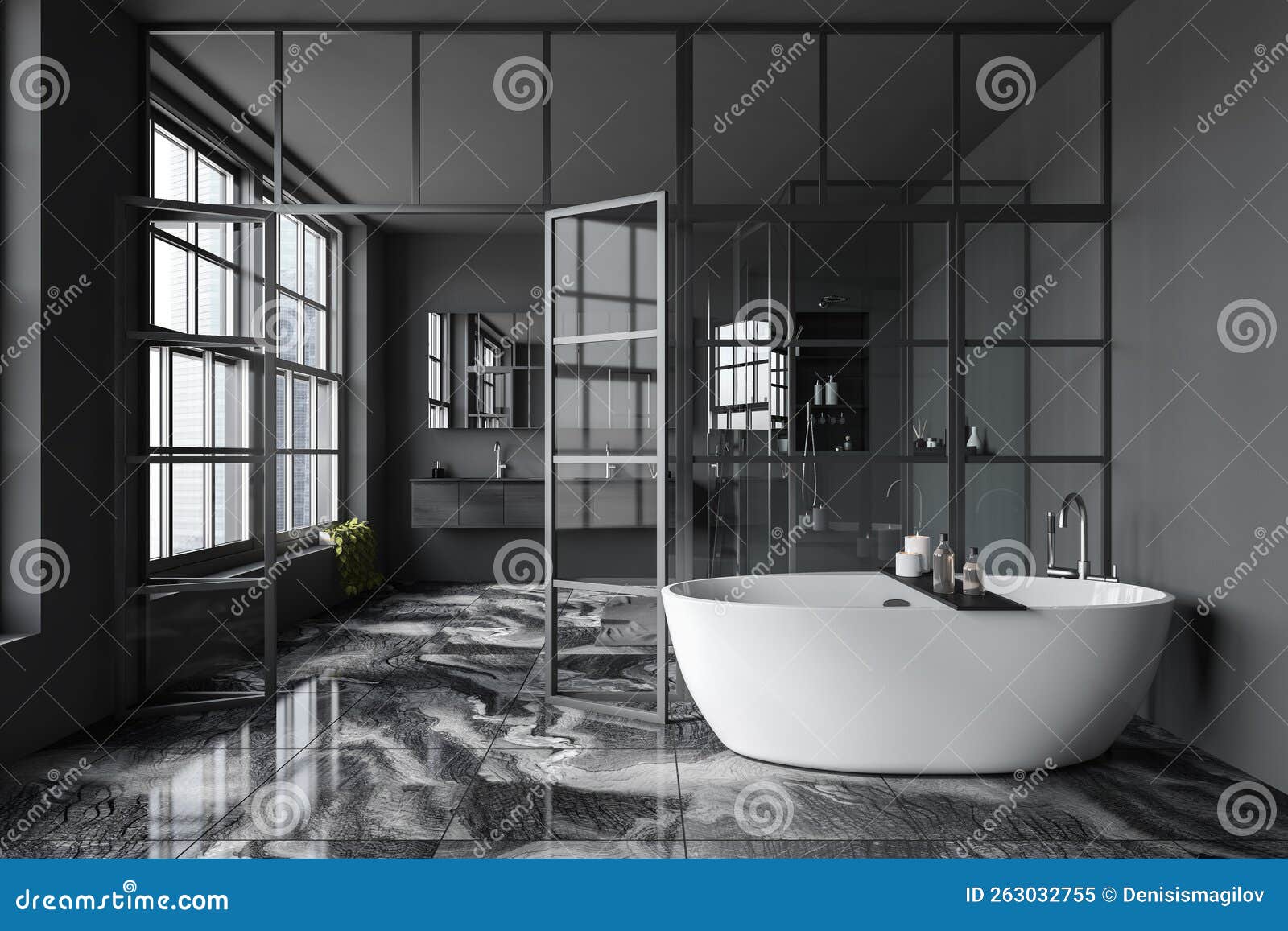 Front View on Dark Bathroom Interior with Bathtub, Glass Partition ...