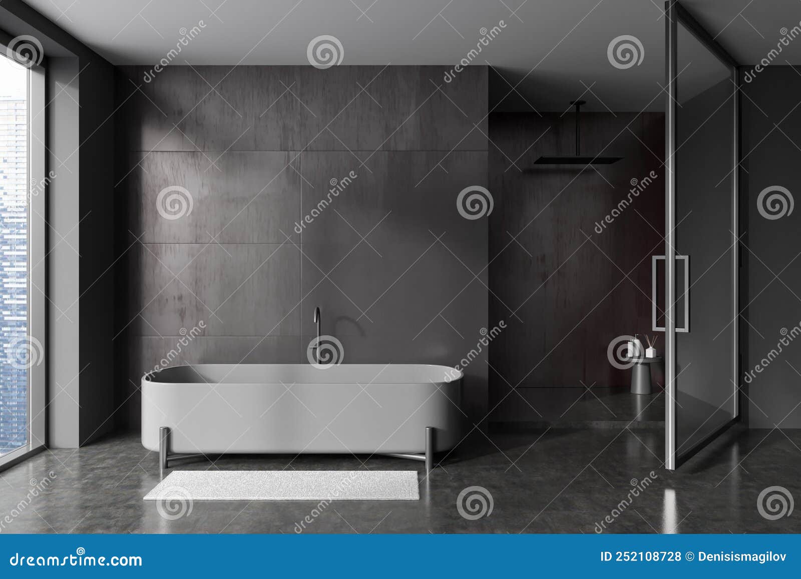 Front View on Dark Bathroom Interior with Bathtub, Shower Stock ...