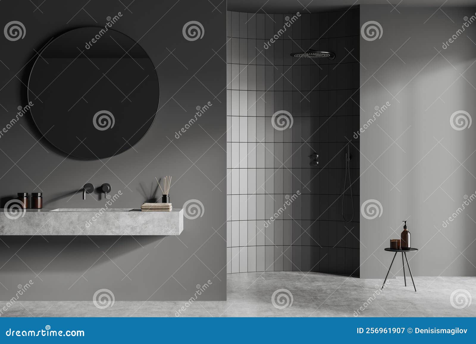 Front View on Dark Bathroom Interior with Large Round Mirror Stock ...