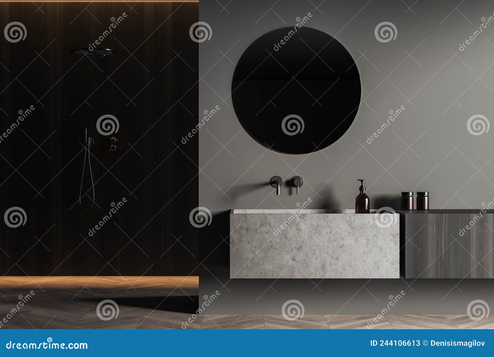 Front View on Dark Bathroom Interior with Shower, Round Mirror Stock ...