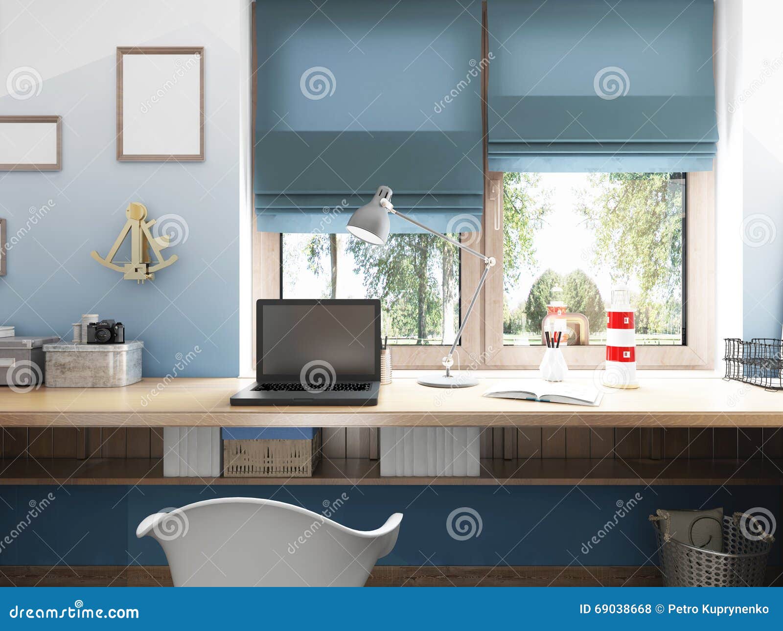 front view of the desktop to the laptop and nautical dÃÂ©cor with