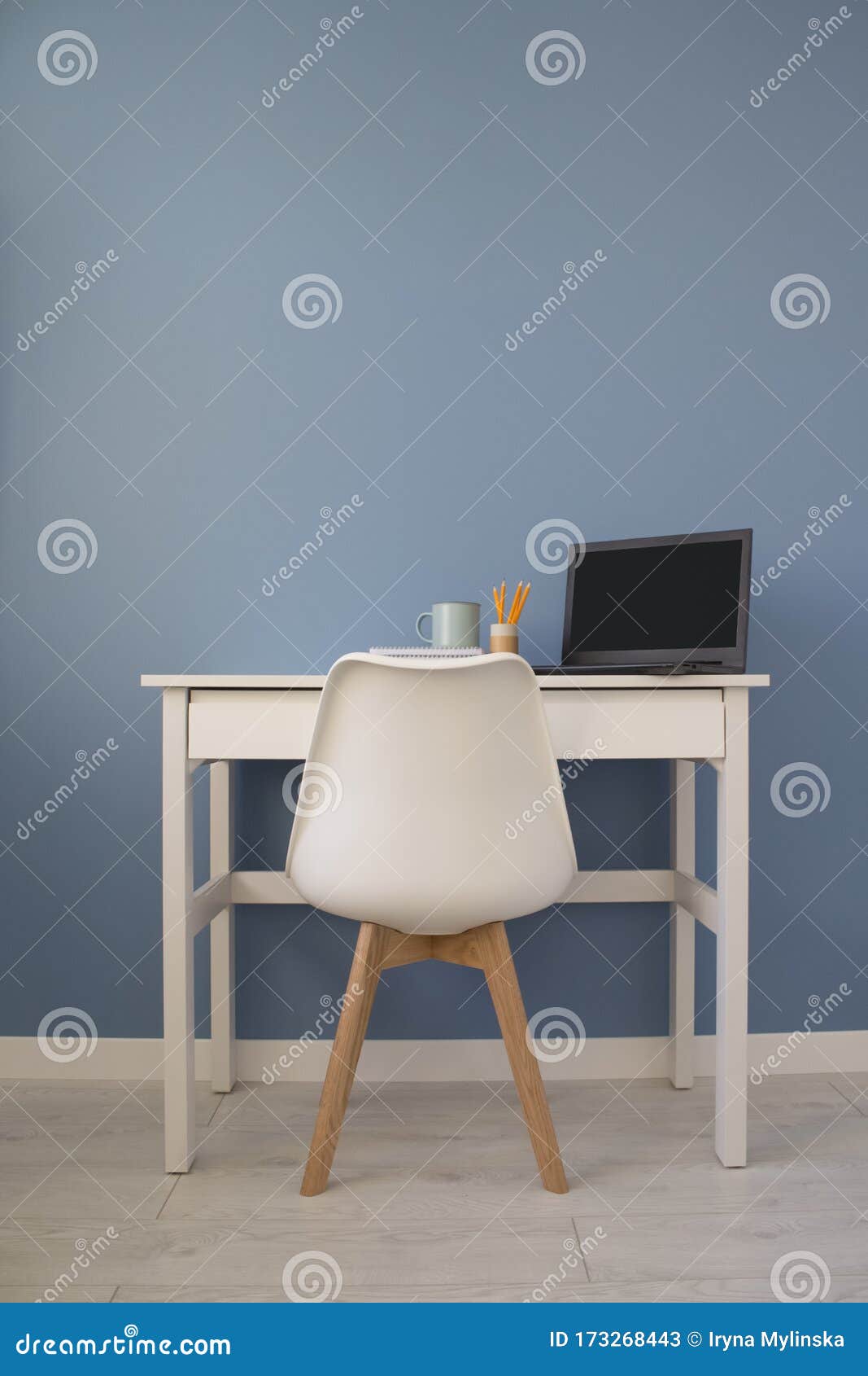 front view of empty home office of creative entrepreneur with white table during lunch break. modern creative workspace with black