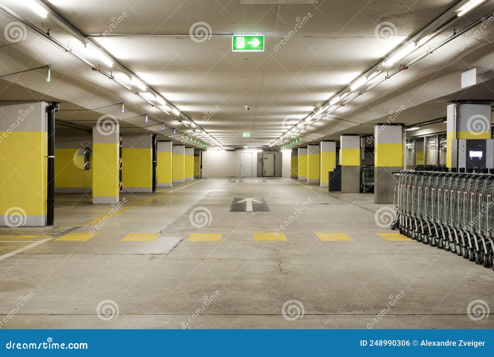 Front View Empty Underground Supermarket Parking with Yellow Concrete ...