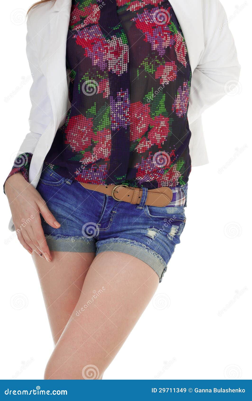 Download Front View Of Female Body In Blue Jeans Shorts, Blouse ...