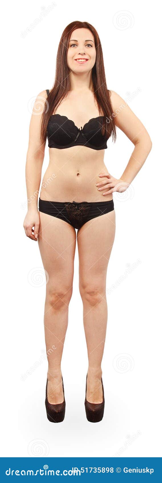 Front View of Full Body Smiling Woman with Black Underwear Stock