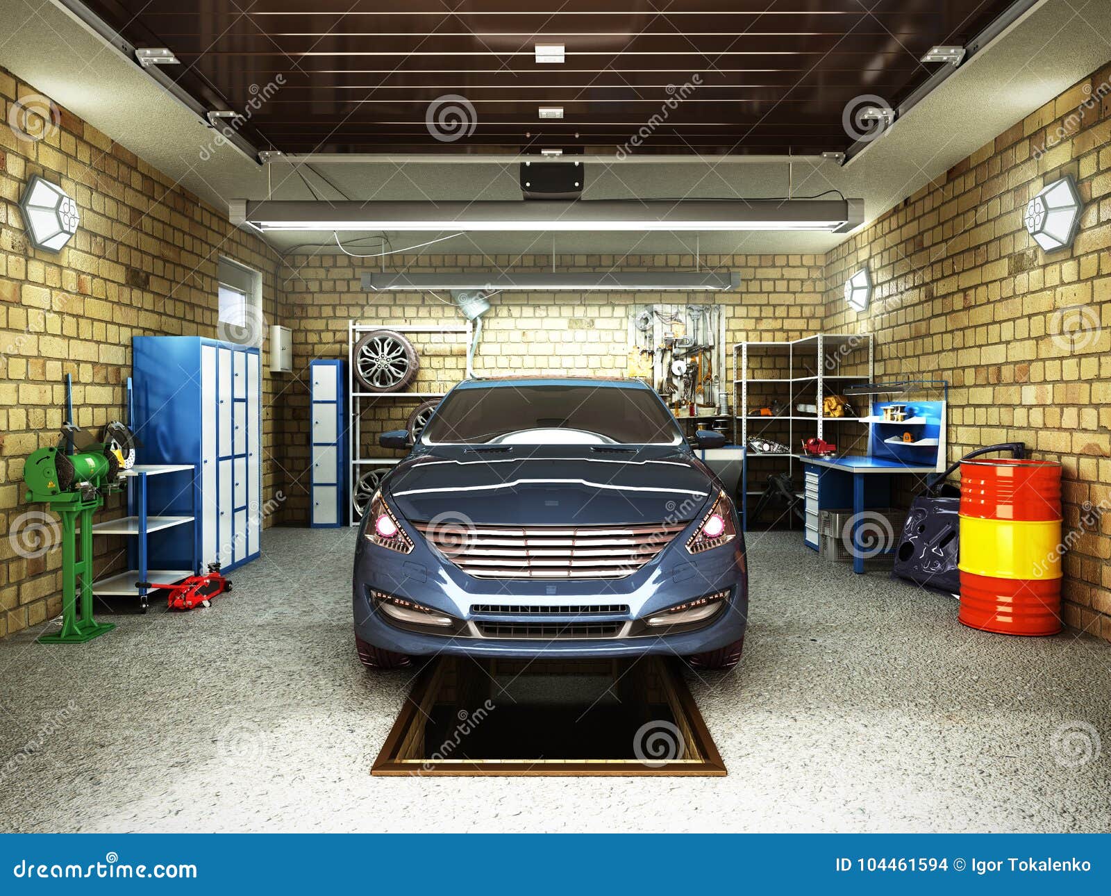Front View Of A Garage With A Car 3d Interior With Opened Roller