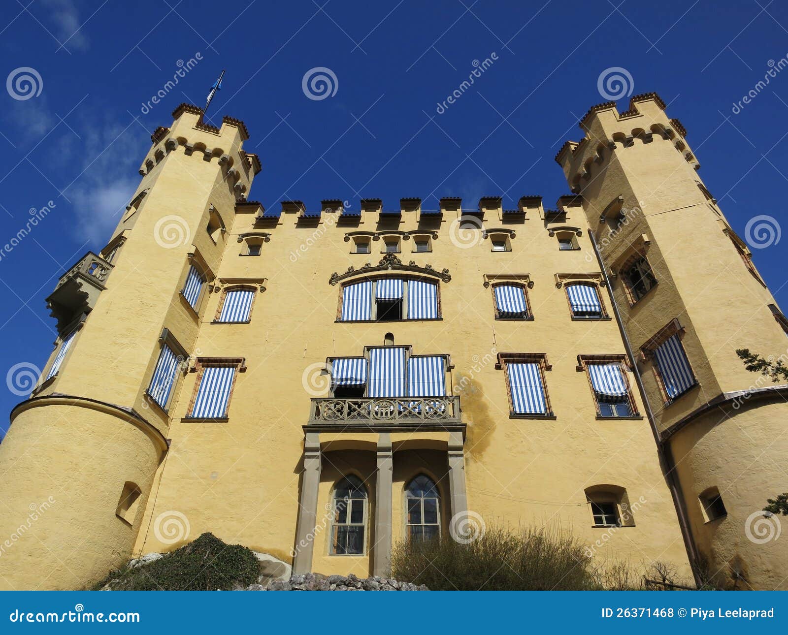 Front view of the Grand Hohenschwangau Castle. Closeup view of the famous Hohenschwangau Castle of Bavaria, Germany.