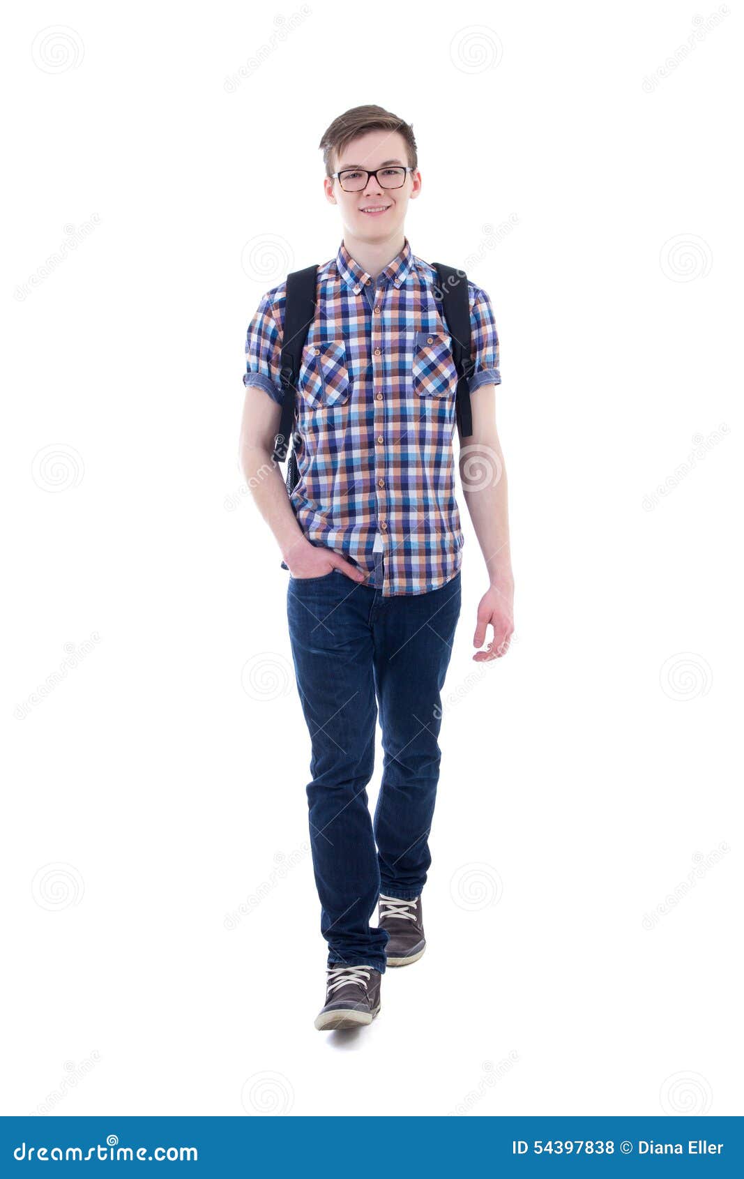 Front View Of Handsome Teenage Boy With Backpack Walking Isolate Stock