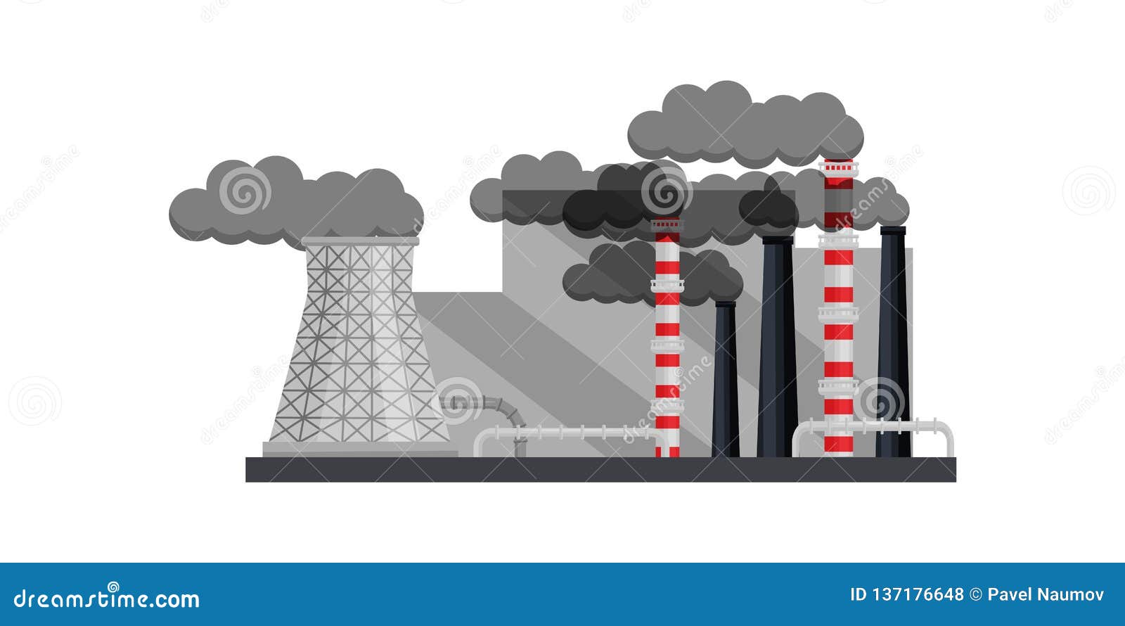 Factory with Smoking Chimneys, Metal Pipes and Industrial Building. Thermal  Power Station. Flat Vector Design Stock Vector - Illustration of isolated,  colorful: 137176648