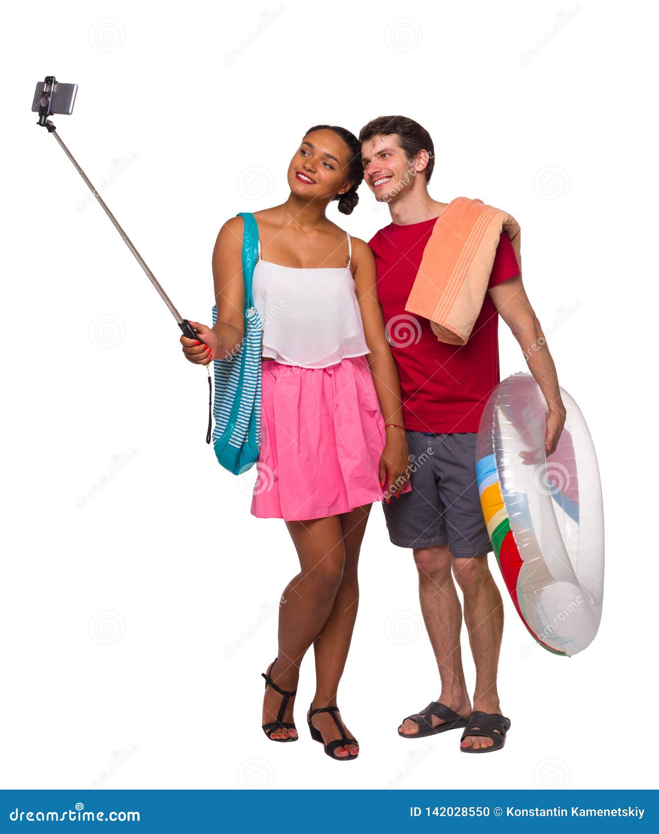 https://thumbs.dreamstime.com/z/front-view-international-couple-makes-selfie-stick-inflatable-circle-beach-accessories-beautiful-friendly-142028550.jpg
