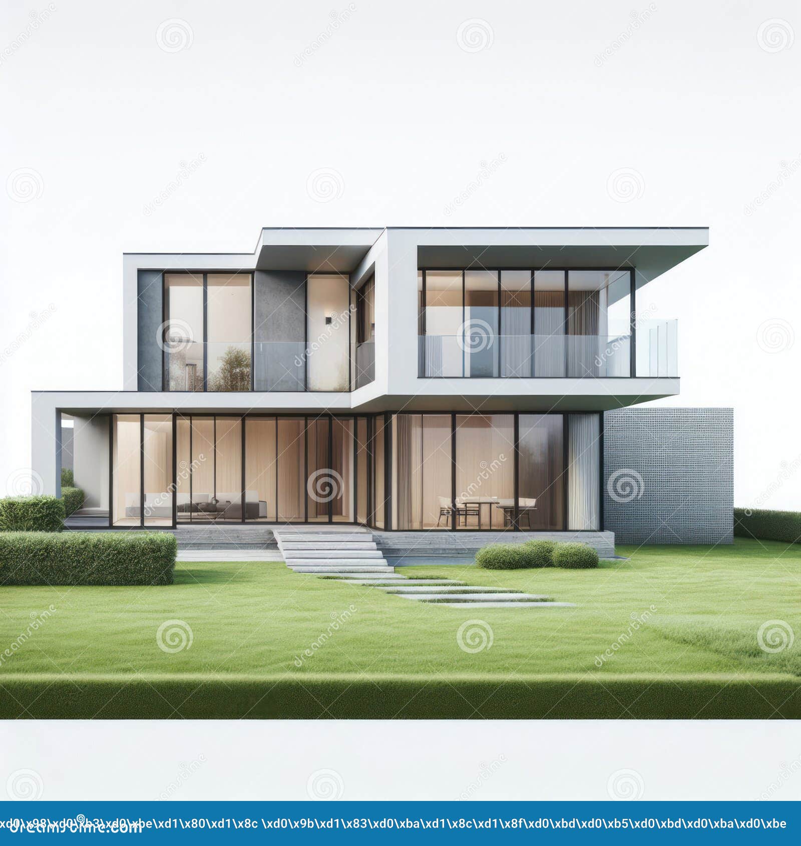 Front View of a Isolated Modern House with a Big Lawn on White
